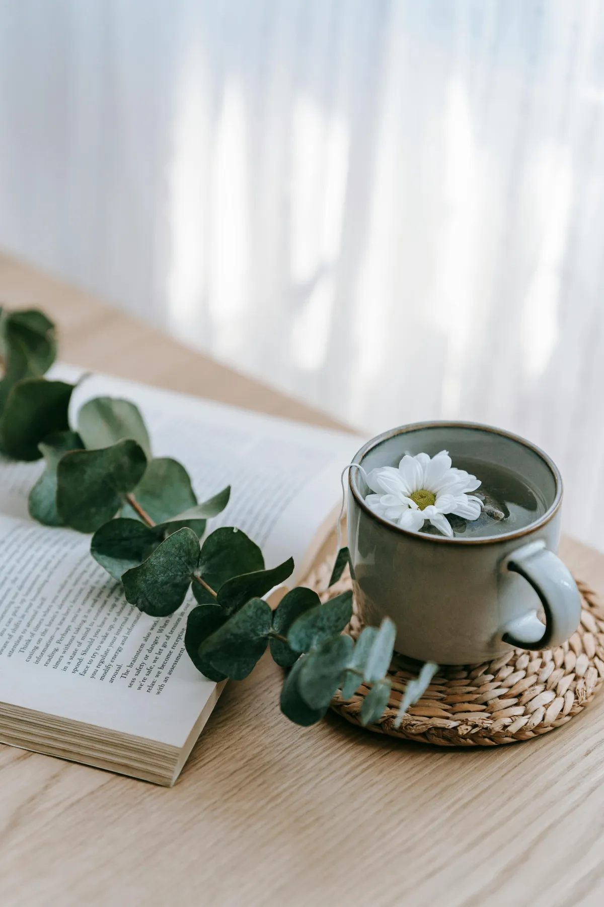 Tea with a flower beside an open book and eucalyptus